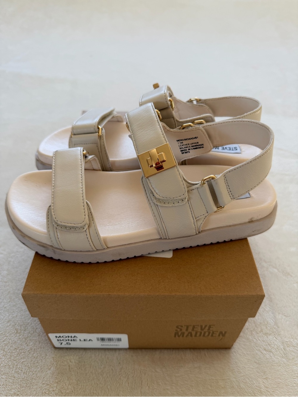 Steve Madden Bone Leather Strappy Sandals with Gold Hardware - Picture 7 of 8